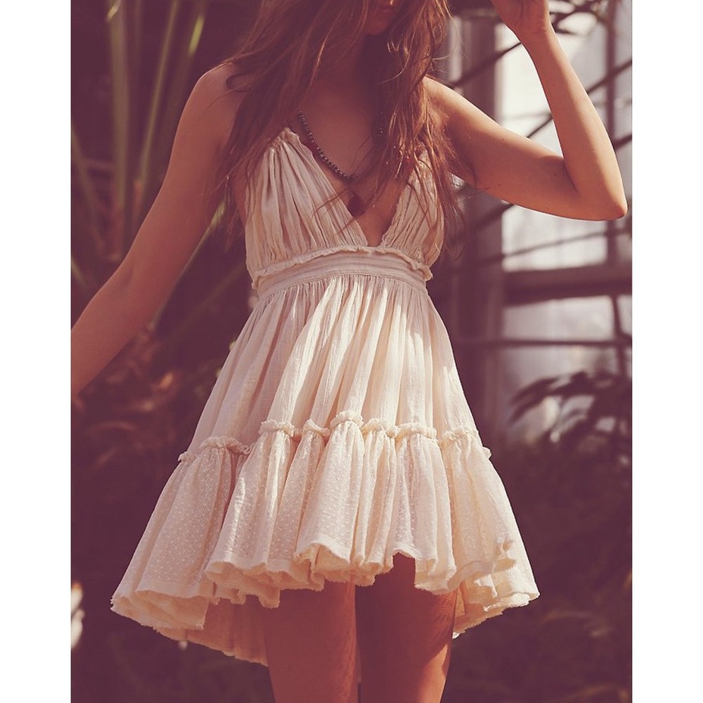 R.Vivimos Women Mini Dress Large Cream Boho Cottagecore Lace Adjustable Flowy